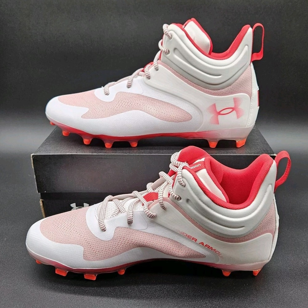 Under Armour (Men's 12) Red White Cleats UA Command MC Mid Lacrosse Cleats New